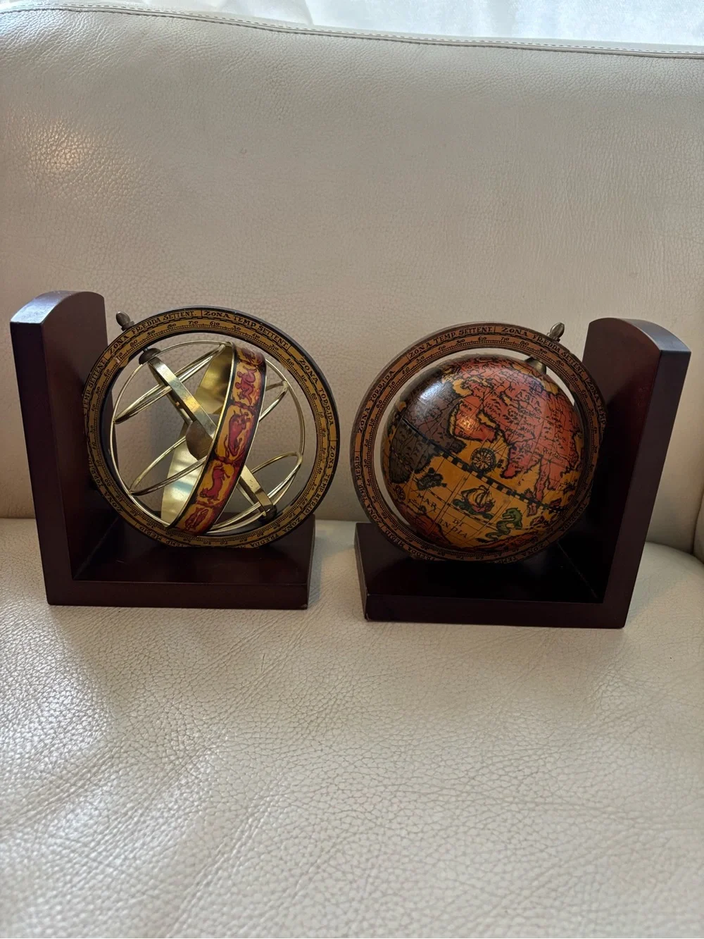 Vintage Brass and Brown Globe Bookends - Decorative Home Wall Decor